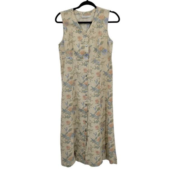 80's Country Linen Floral Sleeveless Button‎ Down Prairie Maxi Dress Tan Sz 6P - Picture 4 of 11